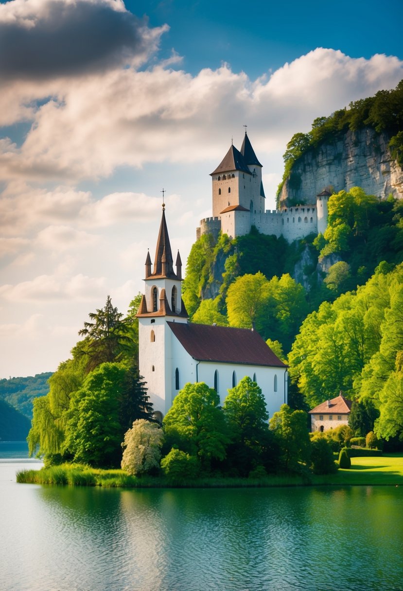 A tranquil lake surrounded by lush greenery and a picturesque island with a charming church, overlooked by a majestic medieval castle on a cliff