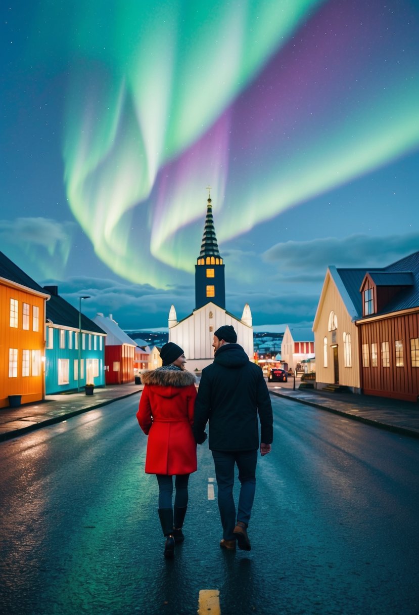 A couple strolling along the colorful streets of Reykjavik, with the iconic Hallgrimskirkja church in the background and the northern lights dancing in the sky above