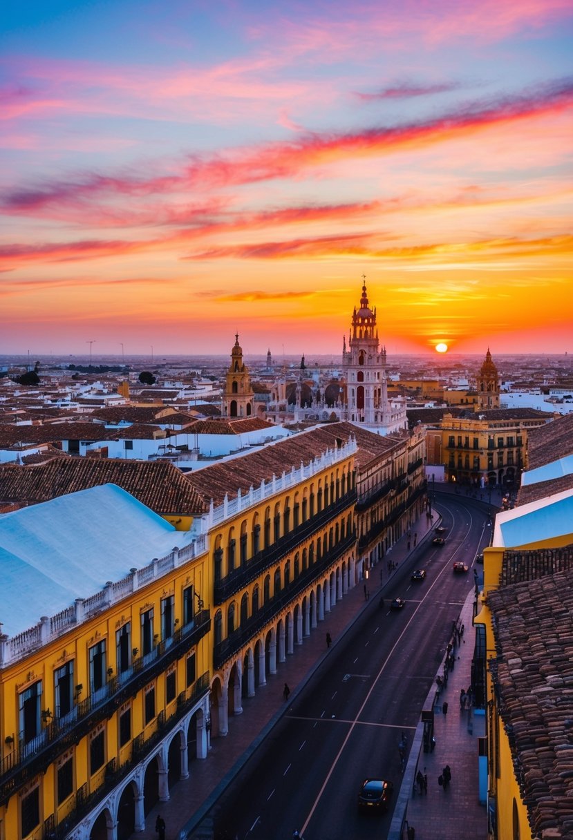 A colorful sunset over the historic city of Seville, with the iconic architecture and winding streets creating a romantic atmosphere for honeymooners