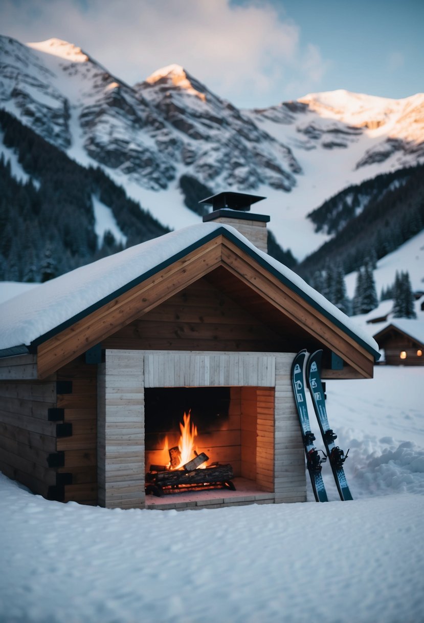 A cozy cabin nestled in snow-covered mountains, with a warm fire burning inside and a couple of skis propped up against the wall
