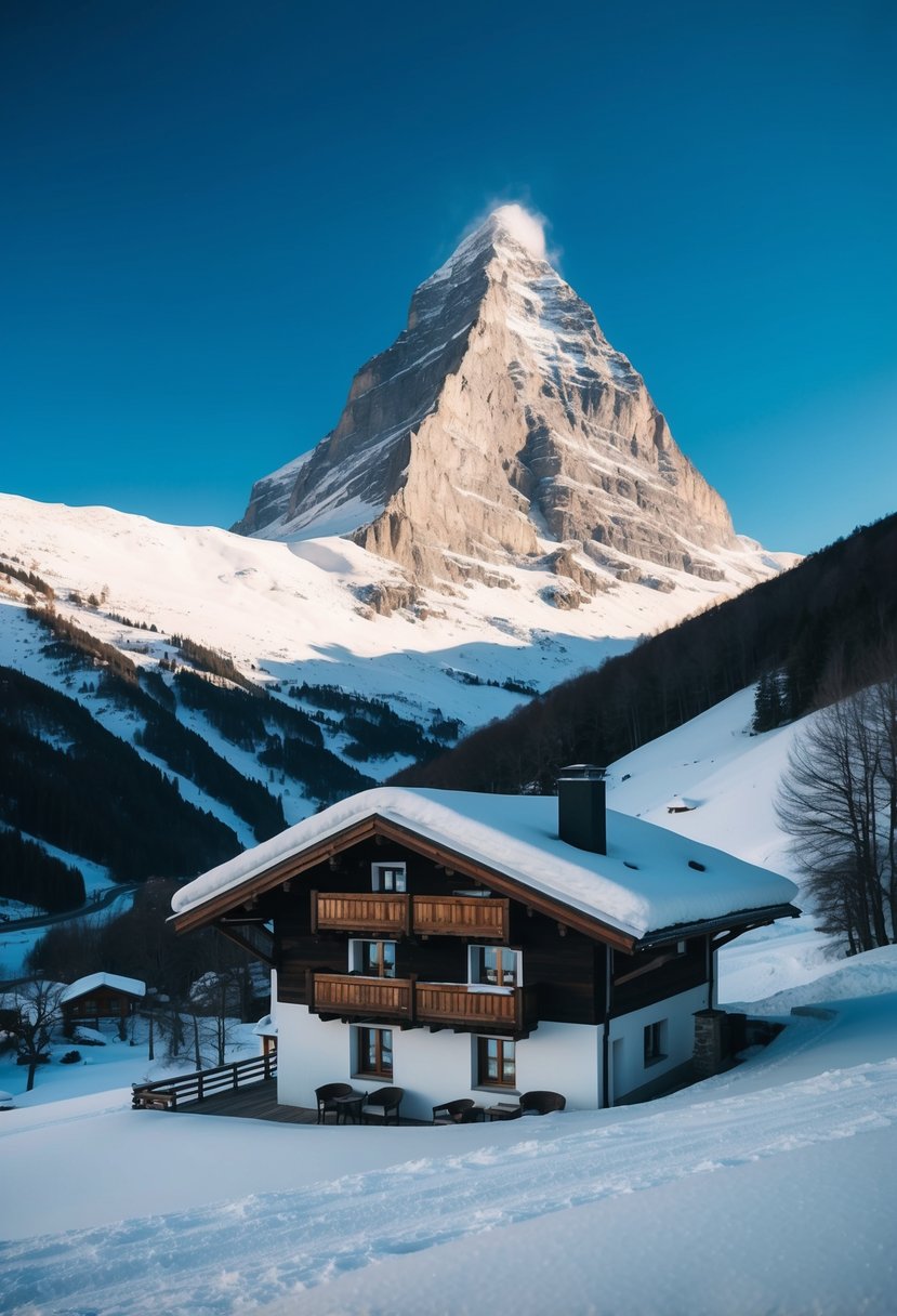 A cozy chalet nestled in a snow-covered valley, with the iconic Matterhorn mountain towering in the background under a clear blue sky