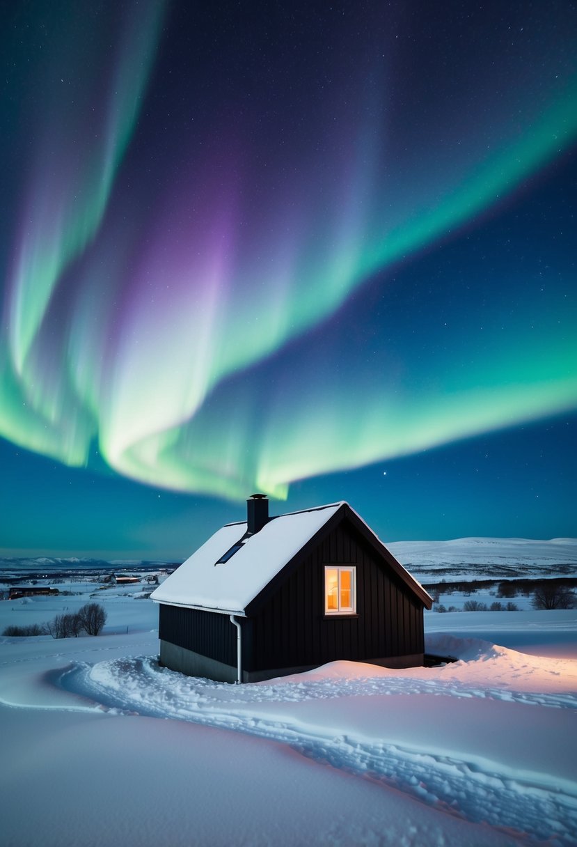 A cozy cabin nestled in a snowy landscape, with the Northern Lights dancing in the sky above Tromsø, Norway
