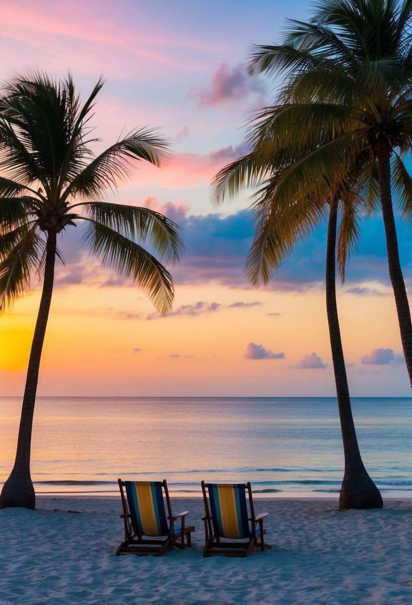 A serene beach at sunset, with palm trees and a calm ocean, set against a colorful sky, and a couple of beach chairs