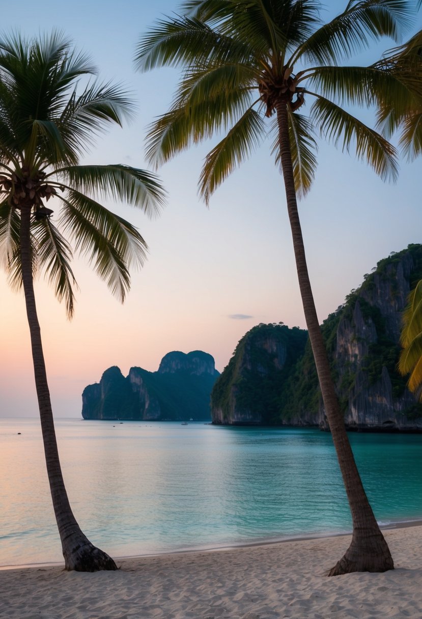 A serene beach at sunset, with palm trees and a calm ocean, overlooking the picturesque cliffs of Phuket, Thailand