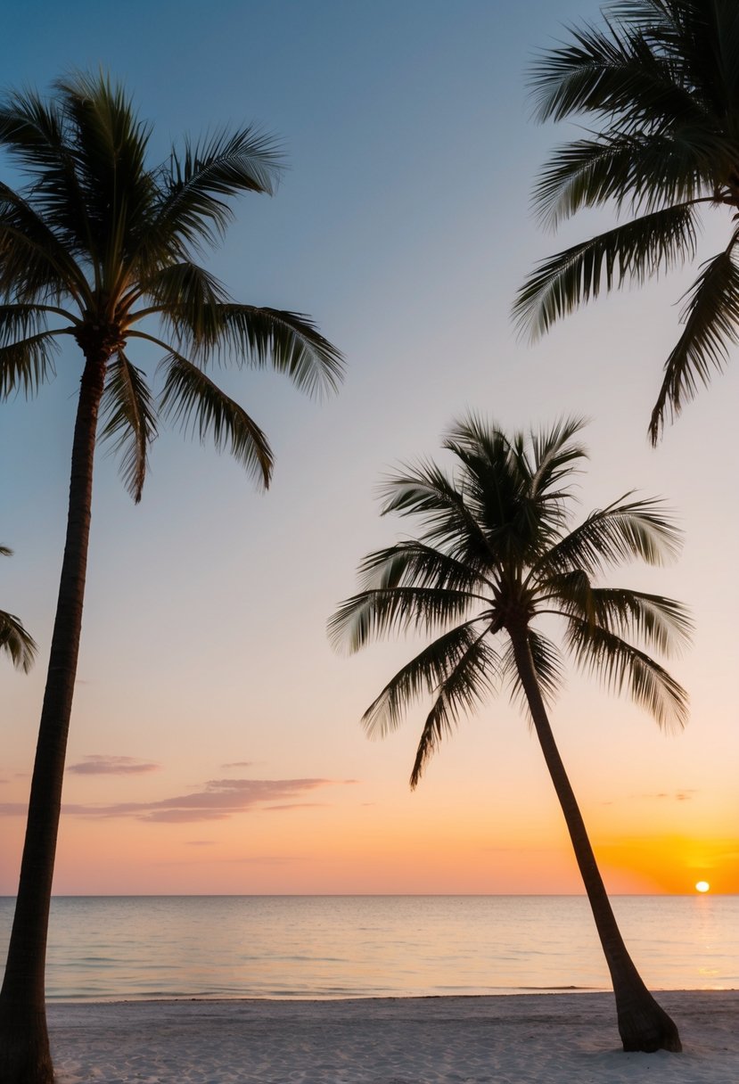 A serene beach at sunset, with palm trees and a calm ocean, perfect for a romantic Naples honeymoon getaway in Florida