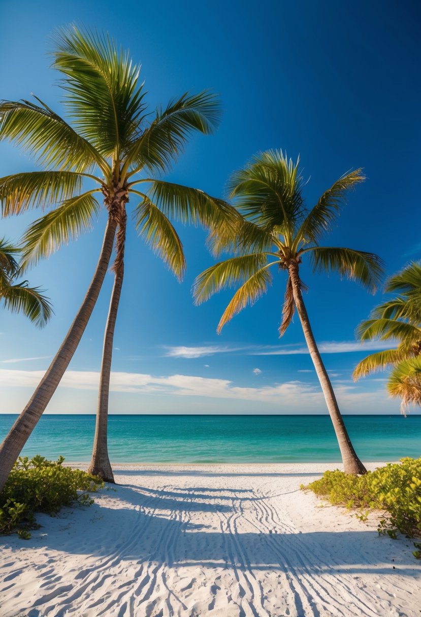 Tropical beach with palm trees, white sand, and clear blue water on Sanibel Island, Florida