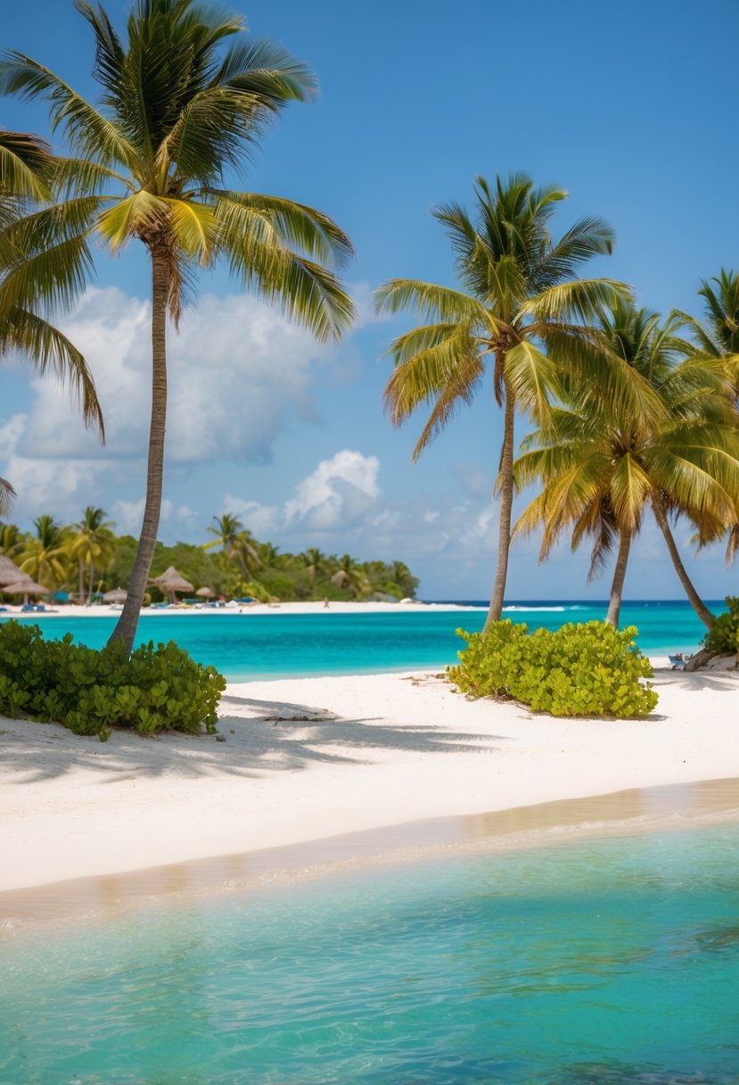 A serene beach in Tulum, Mexico with crystal-clear waters, white sandy shores, and lush green palm trees, perfect for a romantic honeymoon getaway in February