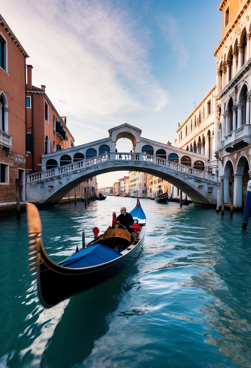 A gondola glides through the narrow canals of Venice, passing by ancient buildings and ornate bridges under a romantic February sky