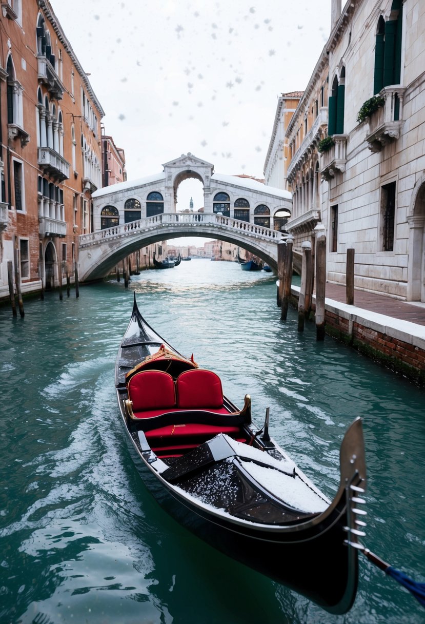 A gondola glides through a canal in Venice, Italy. Snowflakes fall gently, covering the historic buildings and bridges along the waterway