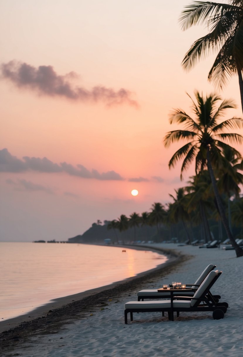 A serene beach at sunset, palm trees lining the shore, with a couple of lounge chairs and a small table set for two