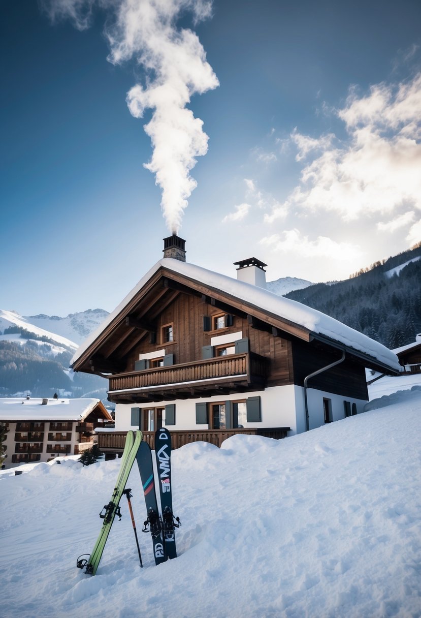 A cozy chalet nestled in the snow-covered mountains of Kitzbühel, with smoke curling from the chimney and a couple of skis propped up outside