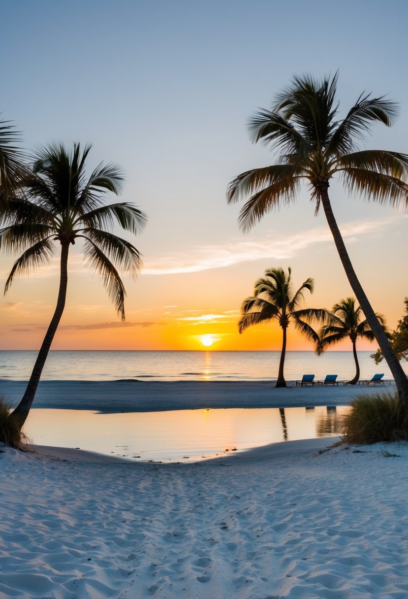 A tranquil beach at sunset, with palm trees, white sand, and clear blue water, on Captiva Island, Florida