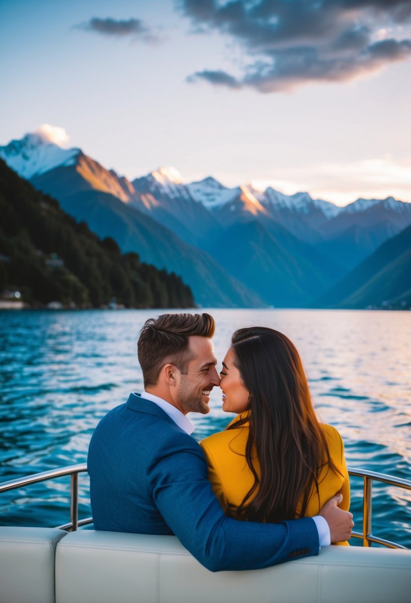 A couple enjoying a romantic sunset cruise on Lake Wakatipu in Queenstown, New Zealand, with the Remarkables mountain range in the background