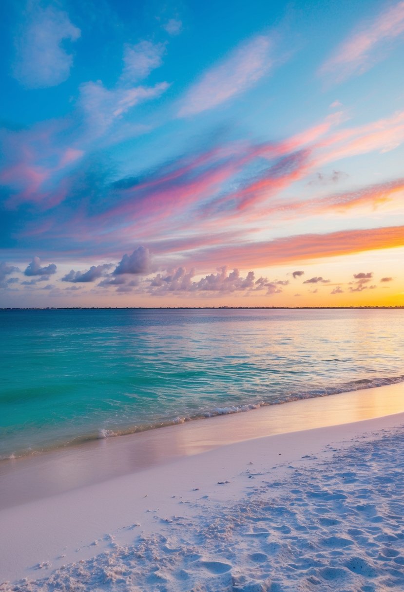 A serene beach at Clearwater, Florida with crystal-clear waters, white sandy shores, and a colorful sunset painting the sky