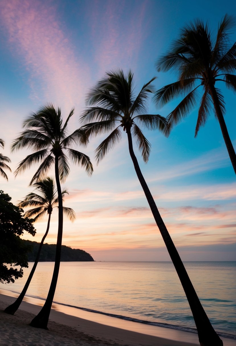 A serene beach at sunset with palm trees, a calm ocean, and a colorful sky
