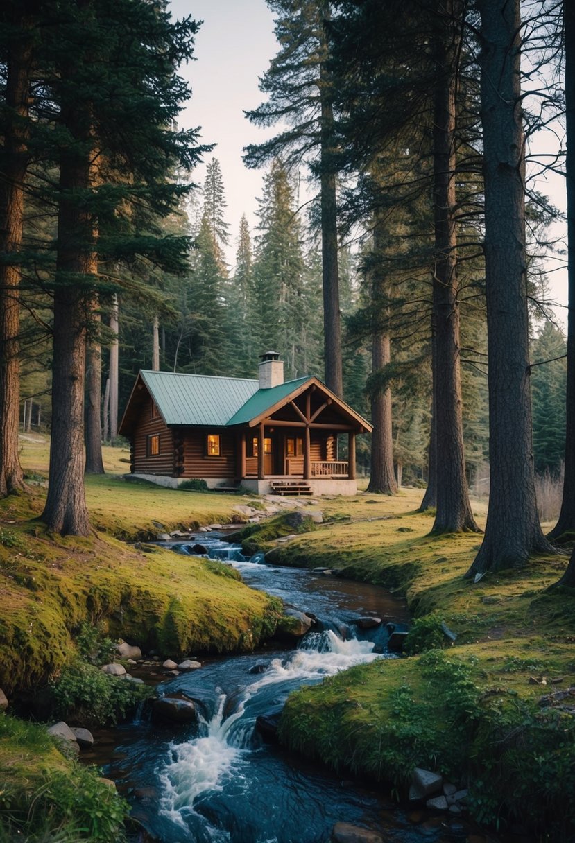 A secluded forest clearing with a cozy cabin, surrounded by tall trees and a bubbling stream