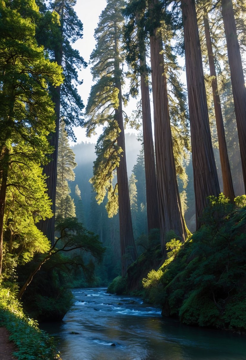 Lush forest with towering redwood trees, dappled sunlight, and a serene river flowing through Glen Oaks Big Sur, USA