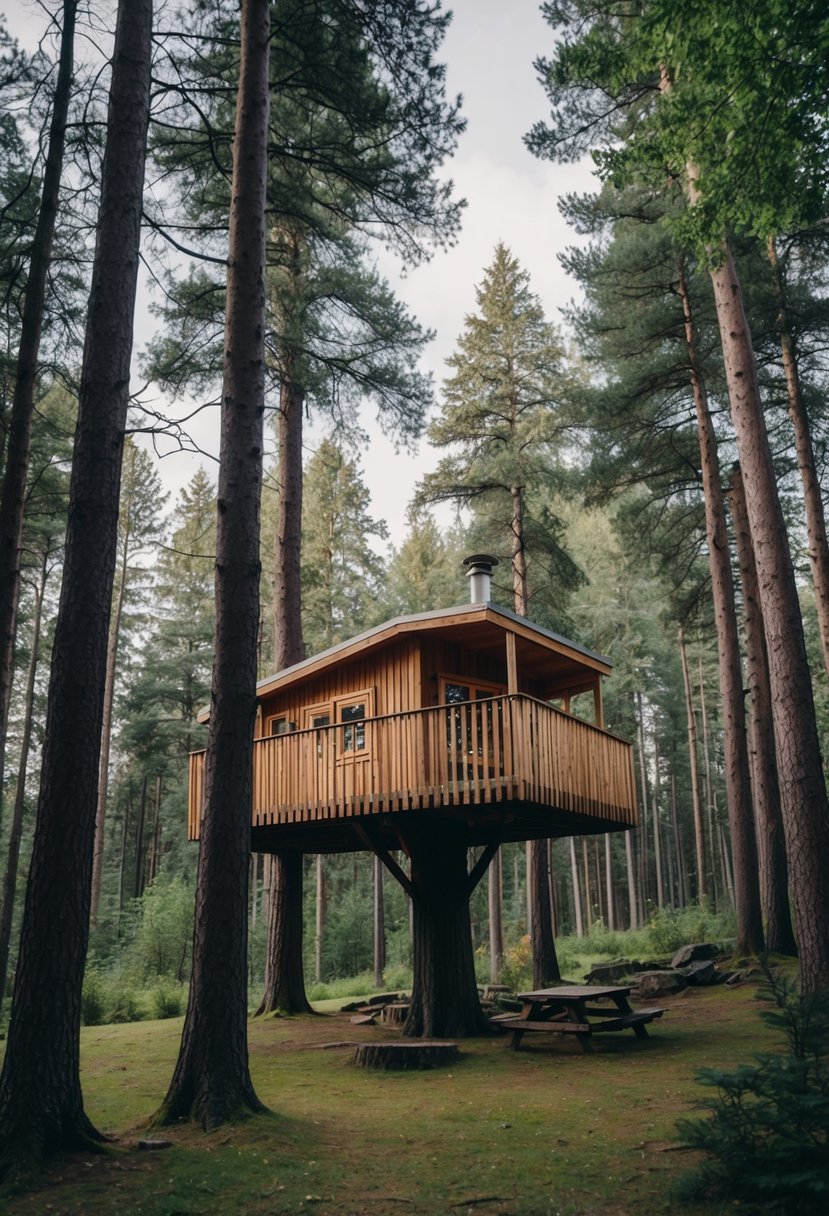 A cozy treehouse nestled in a lush Swedish forest, surrounded by tall trees and tranquil nature