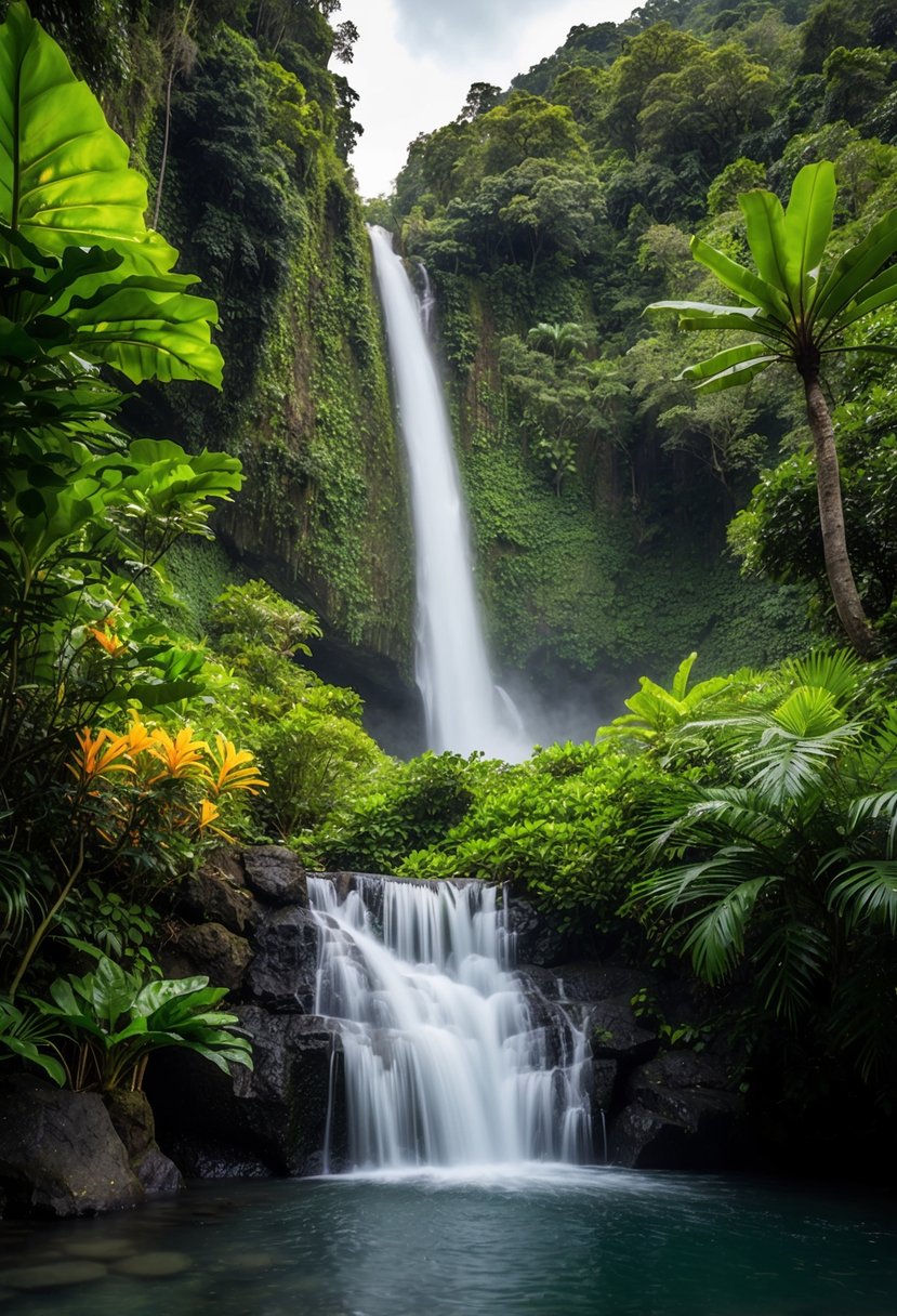 Lush Costa Rican rainforest with exotic flora and fauna, cascading waterfalls, and luxurious eco-friendly accommodations at Lapa Rios Lodge
