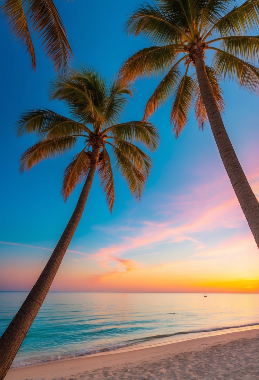 A serene beach with palm trees, clear blue water, and a colorful sunset