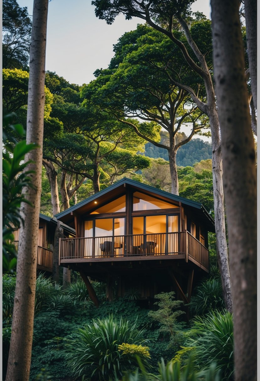 Lush forest with Hapuku Lodge + Tree Houses nestled among tall trees, creating a romantic honeymoon destination in New Zealand