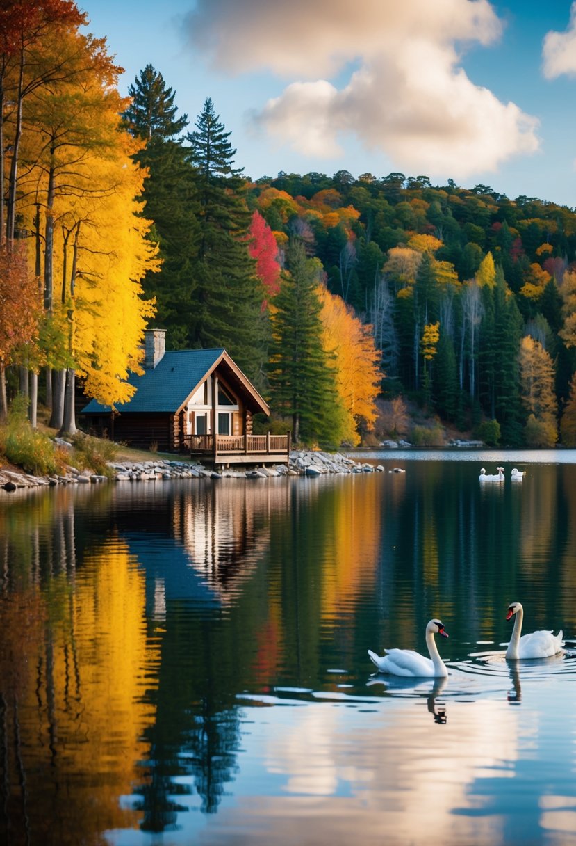 A cozy cabin nestled among colorful autumn trees by a serene lake, with a couple of swans swimming peacefully