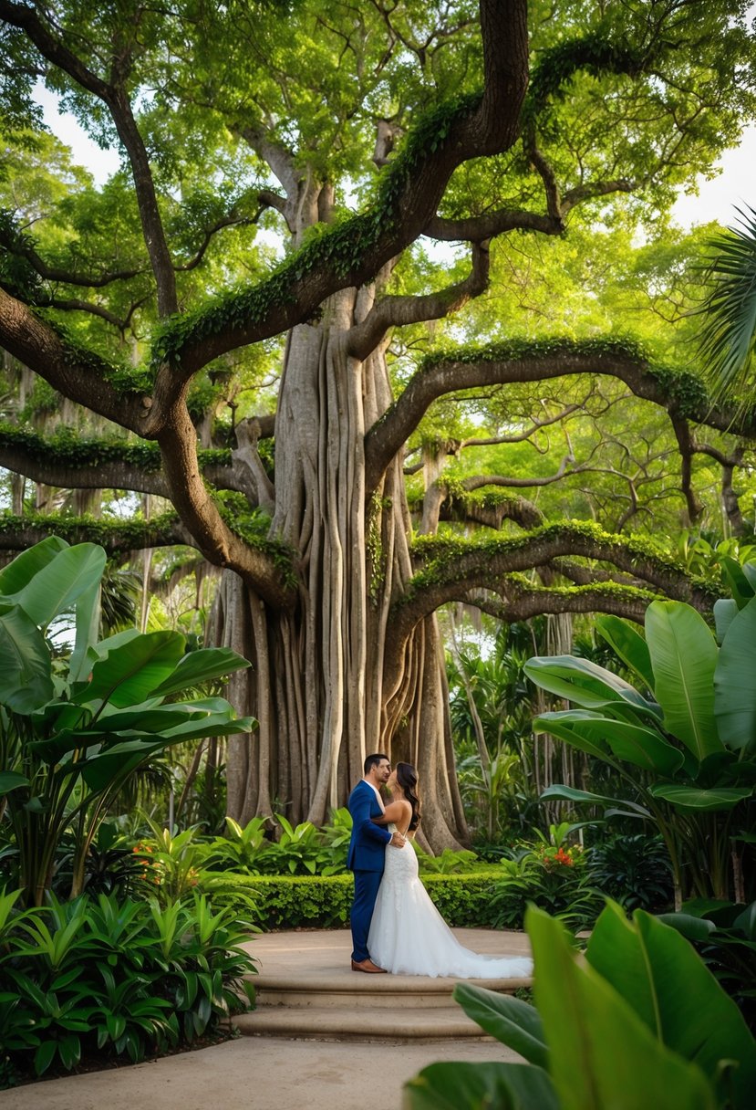 A lush forest at Banyan Tree Mayakoba, Mexico, with towering trees and vibrant green foliage, creating a serene and romantic atmosphere for honeymooners
