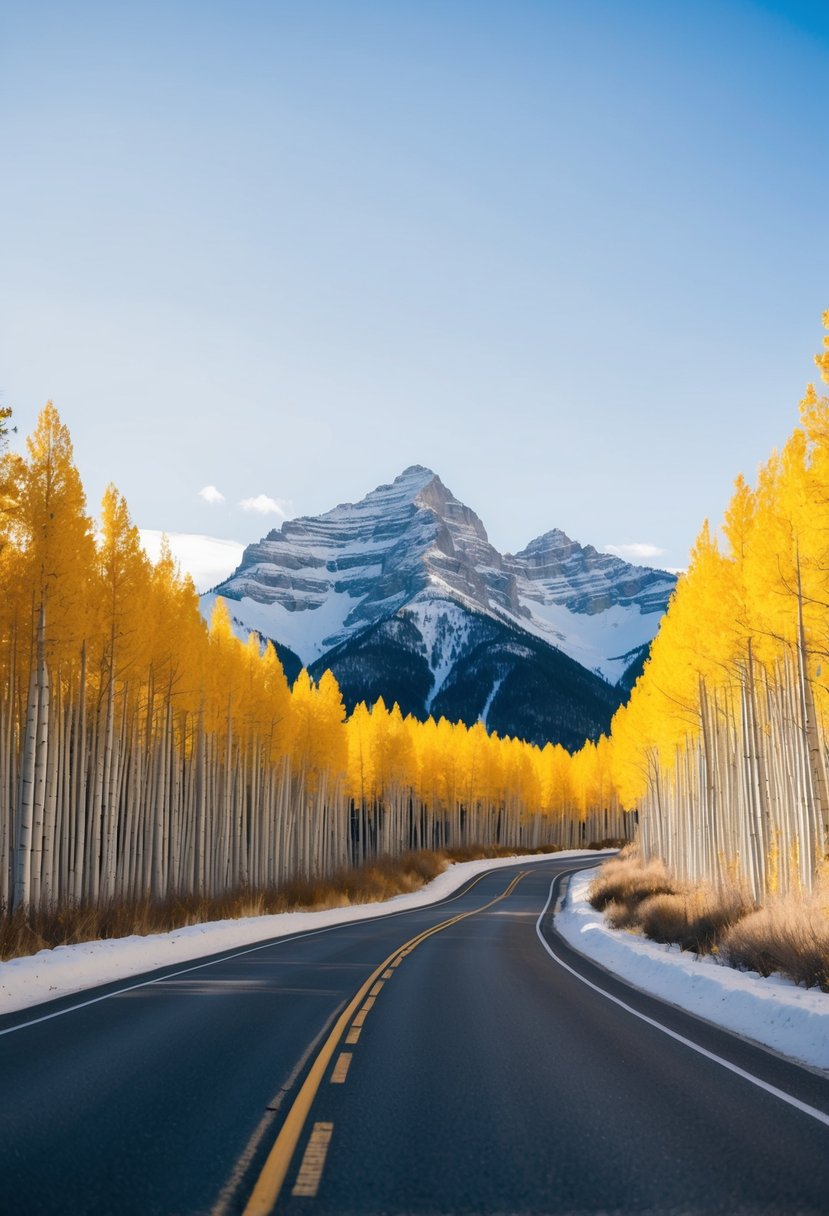 Golden aspen trees lining a winding mountain road with a clear blue sky and snow-capped peaks in the background