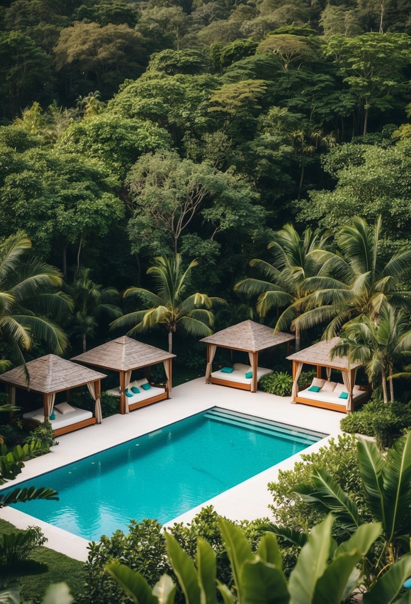 Lush green forest surrounds a tranquil resort with a crystal-clear pool and luxurious cabanas nestled among the trees