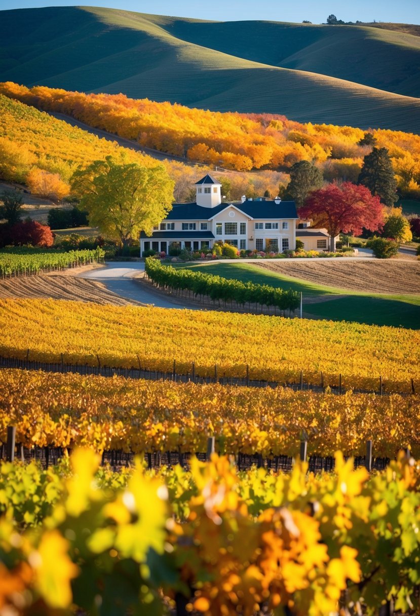 Vineyard with vibrant fall foliage, rolling hills, and a quaint winery in Napa Valley, California
