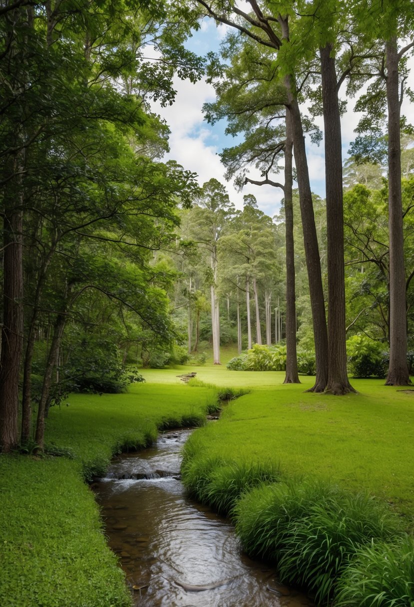 A tranquil forest clearing at Silky Oaks Lodge, with lush greenery, towering trees, and a gentle stream flowing through the landscape