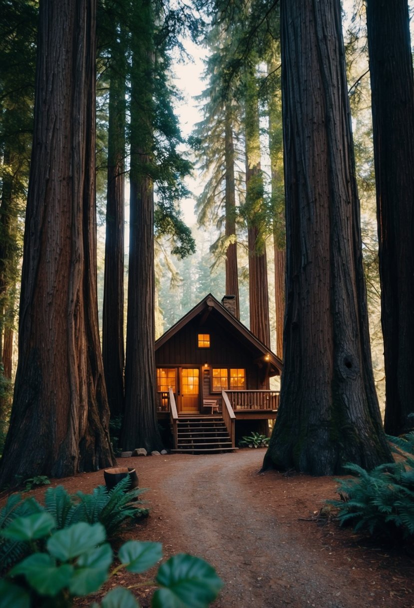 A cozy cabin nestled among towering redwood trees, with a lush forest surrounding the Post Ranch Inn in the USA