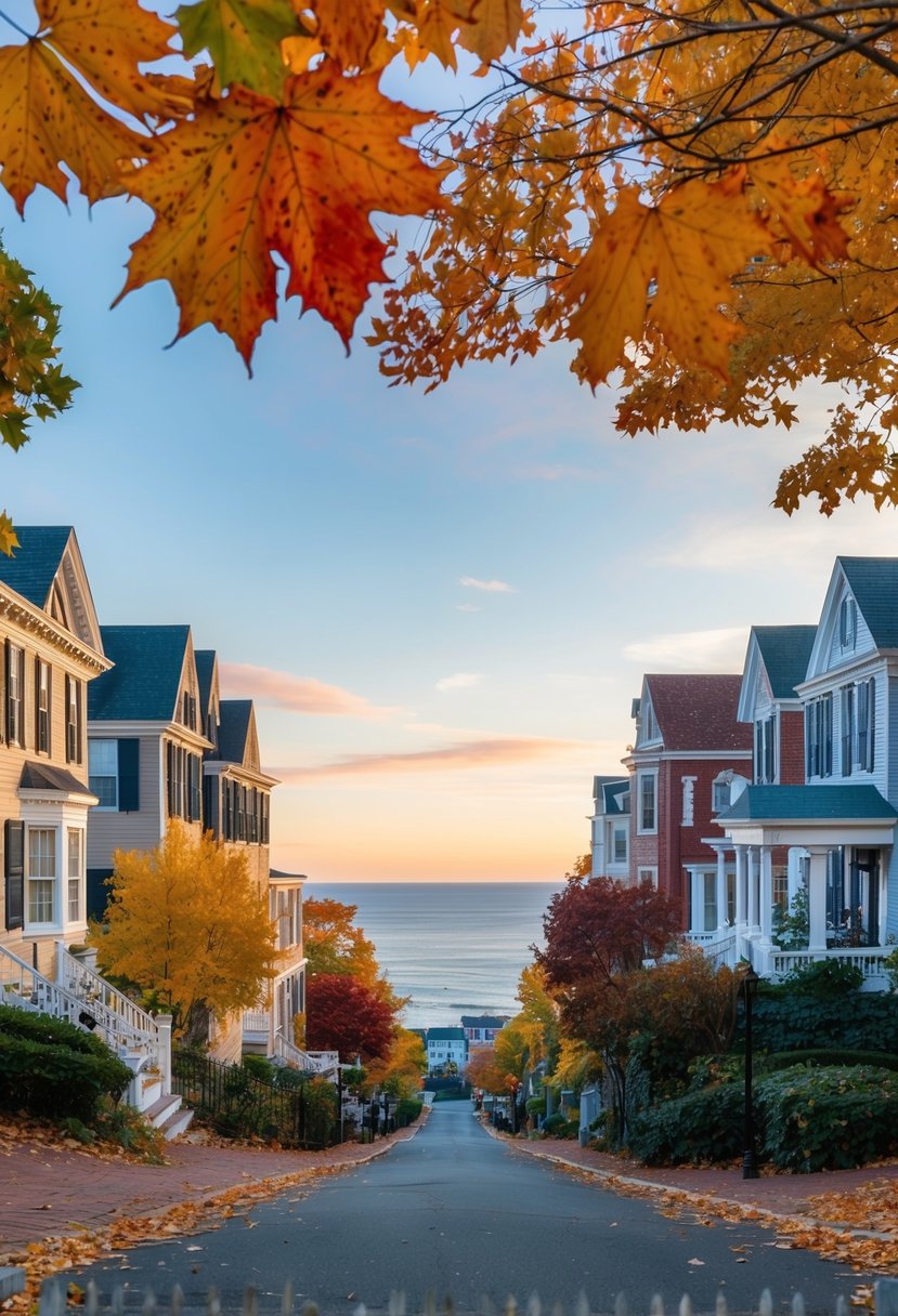 A cozy street lined with historic homes, adorned with colorful autumn leaves, and a backdrop of the ocean in Salem, Massachusetts