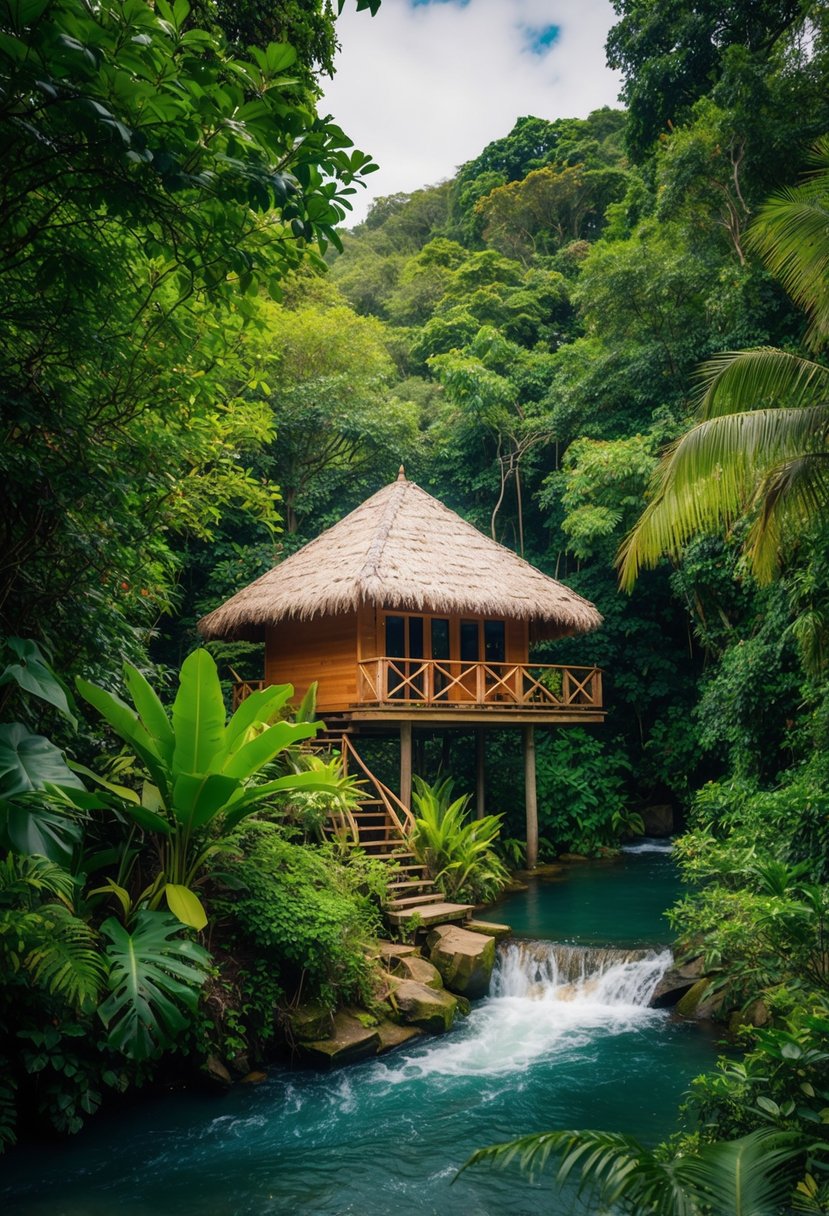 A secluded jungle hideaway with a wooden cabana nestled among lush greenery and a flowing river