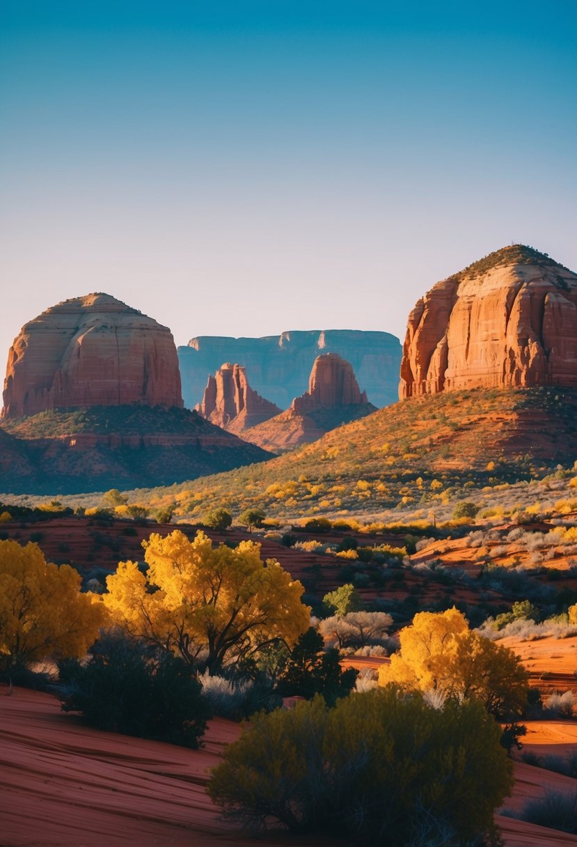 A serene desert landscape with red rock formations, golden foliage, and a clear blue sky in Sedona, Arizona