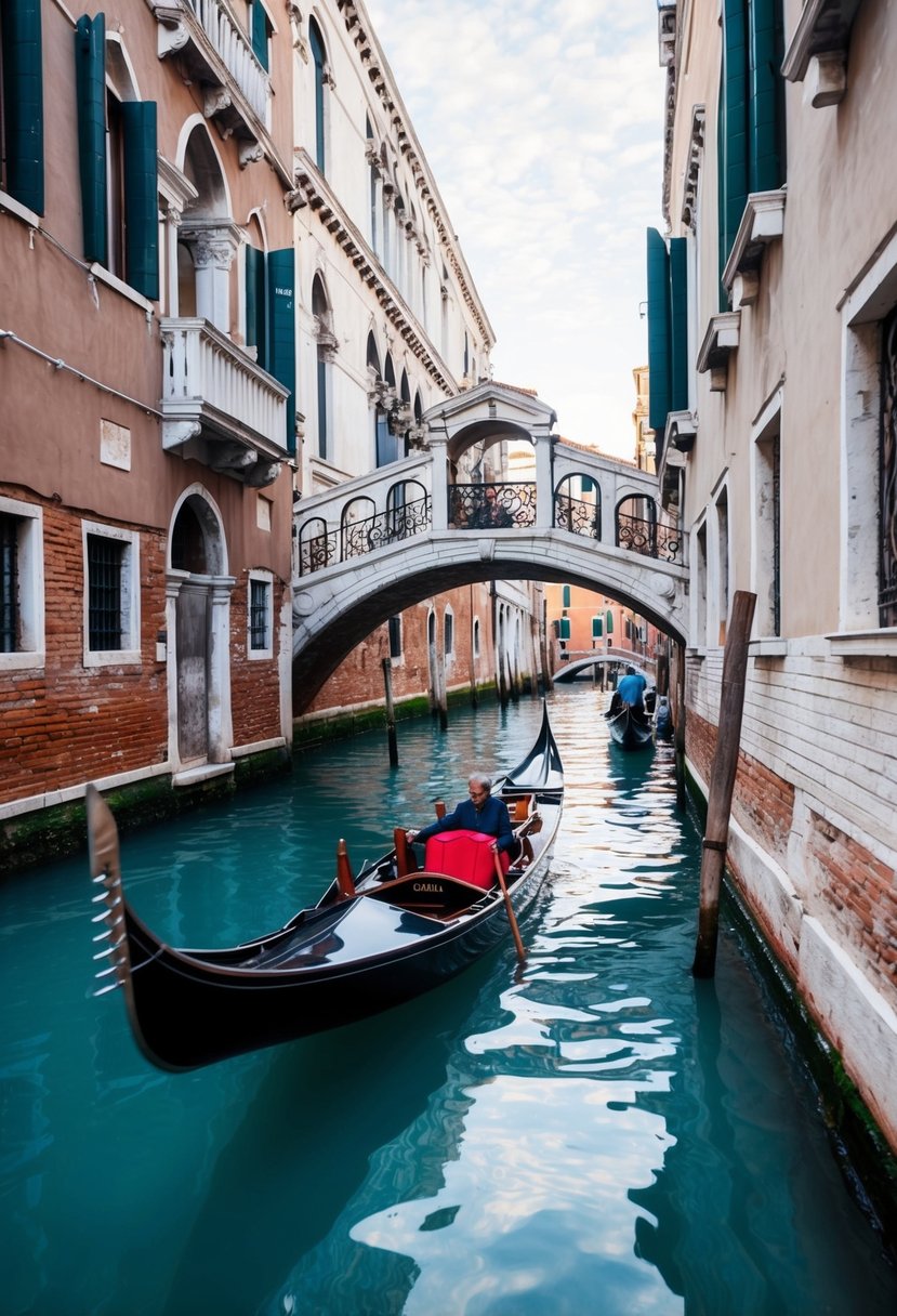 A gondola glides through the narrow canals of Venice, passing by ancient buildings and under charming bridges