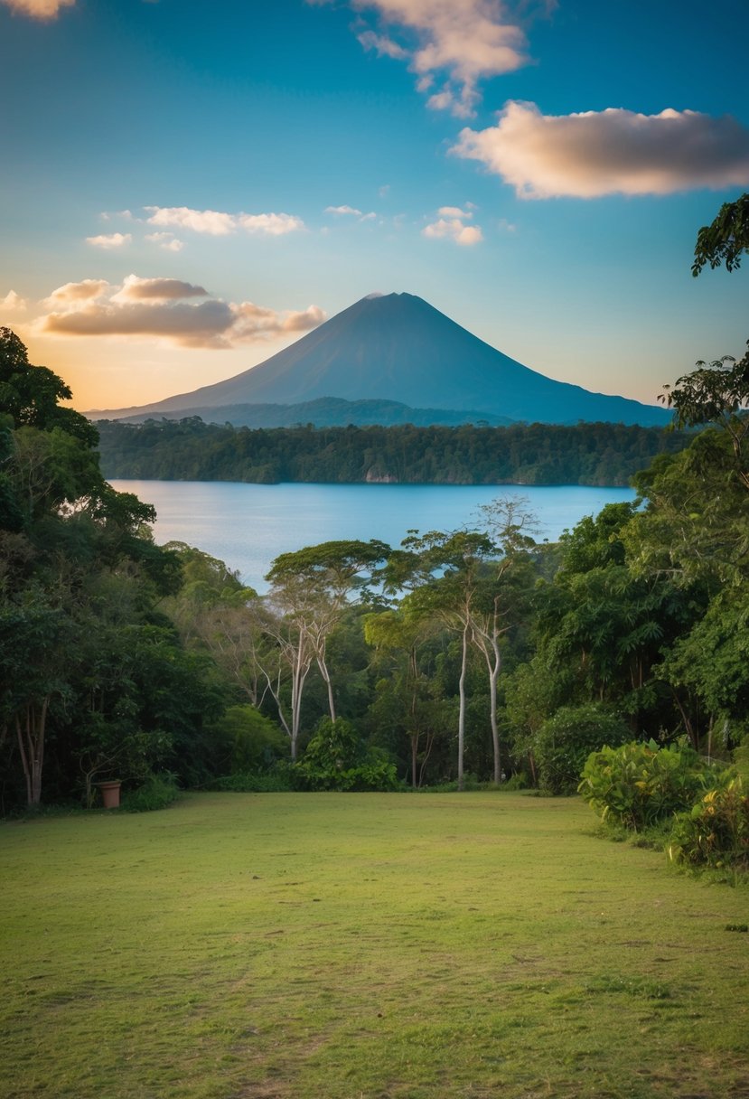 A serene forest clearing overlooking Lake Atitlan with a backdrop of the La Fortuna volcano in Guatemala
