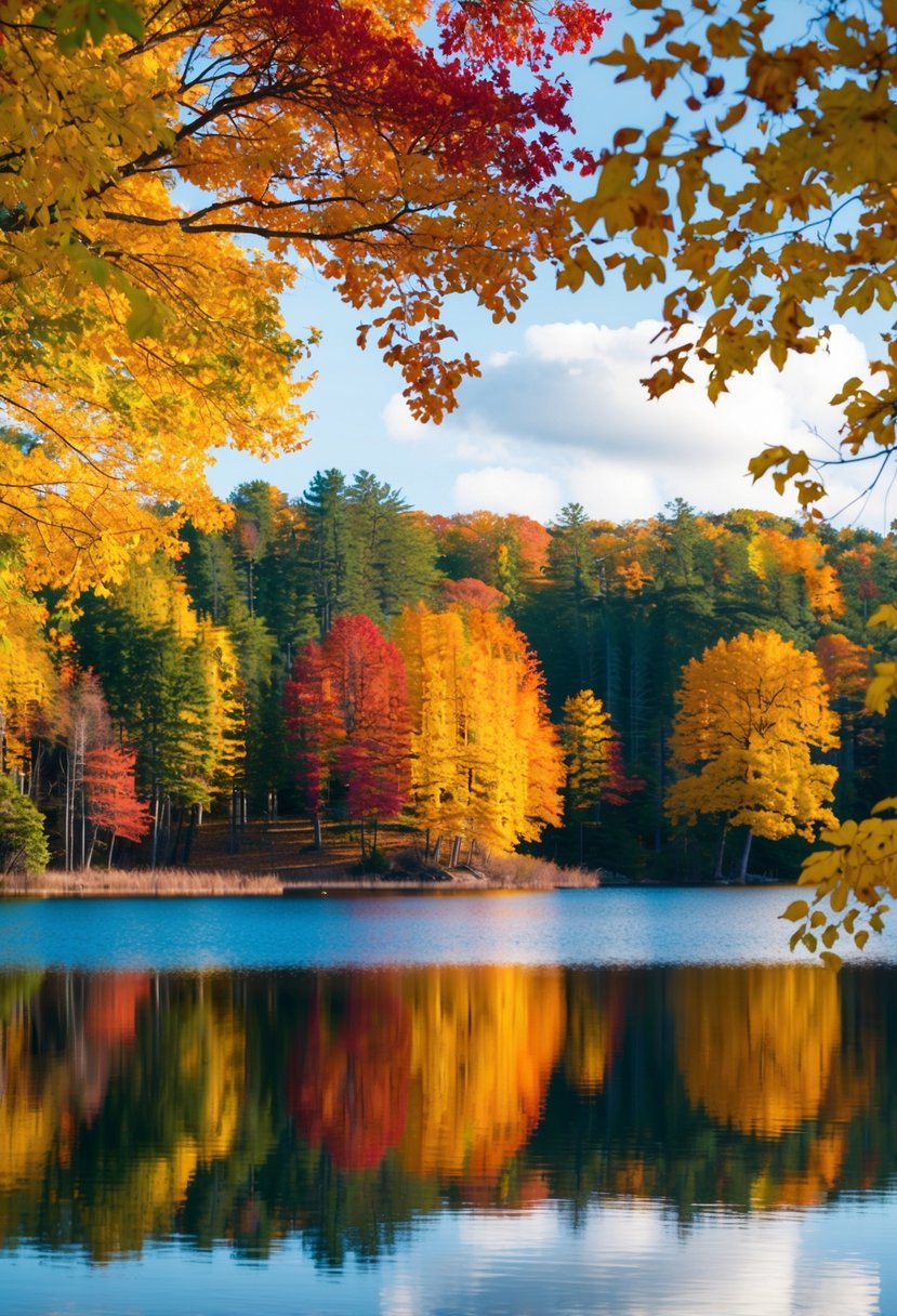 A serene lake surrounded by colorful autumn foliage in Lake Placid, New York