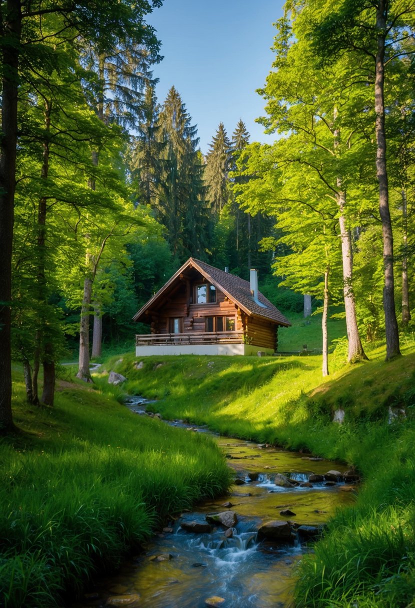 A secluded cabin nestled among the lush green trees of the Bregenzerwald forest, with a clear stream running through the picturesque landscape