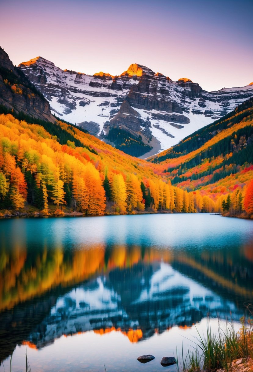 Vibrant foliage blankets the rugged White Mountains, with a serene lake reflecting the colorful autumn landscape