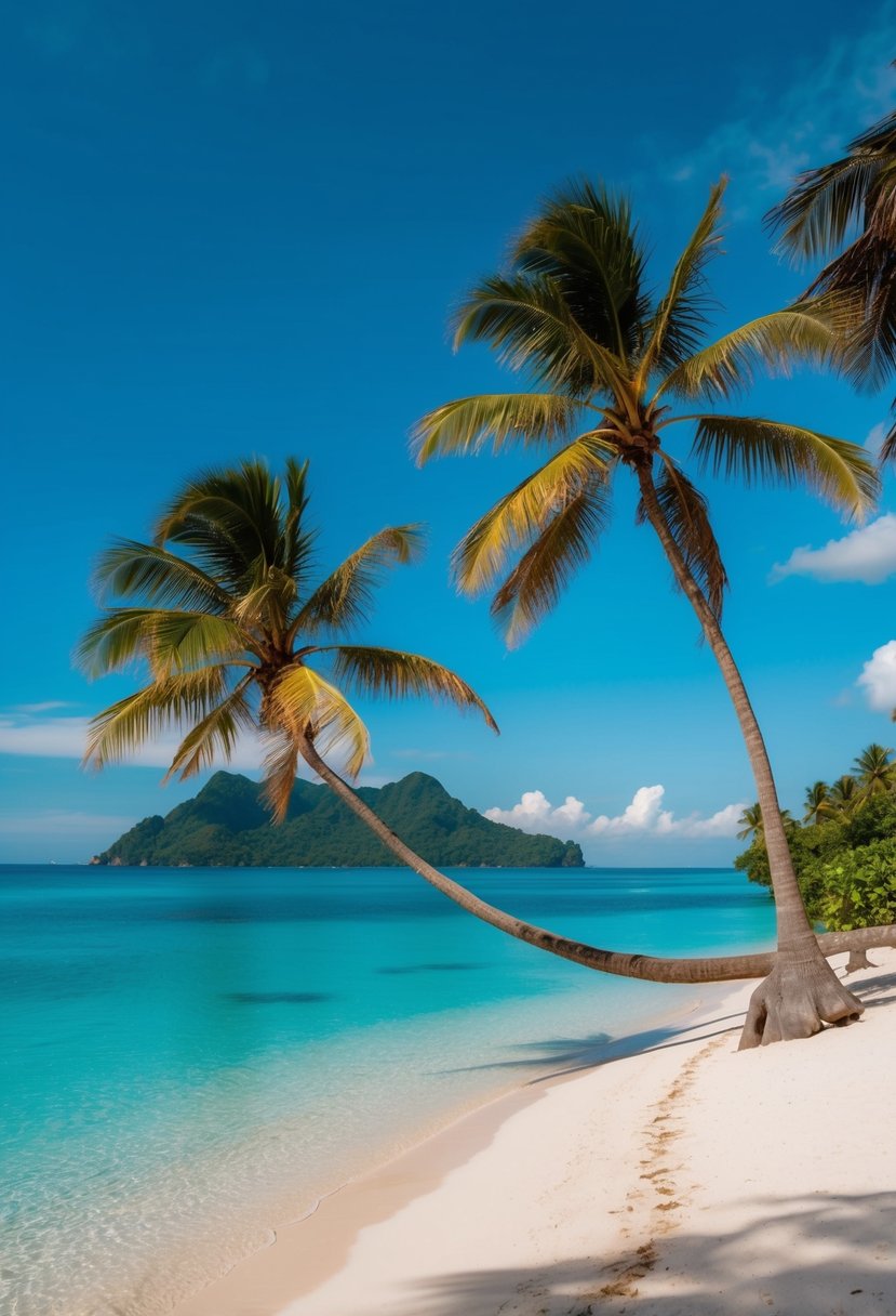 A tranquil beach with palm trees, clear blue waters, and a distant island, perfect for a honeymoon getaway in Langkawi, Malaysia