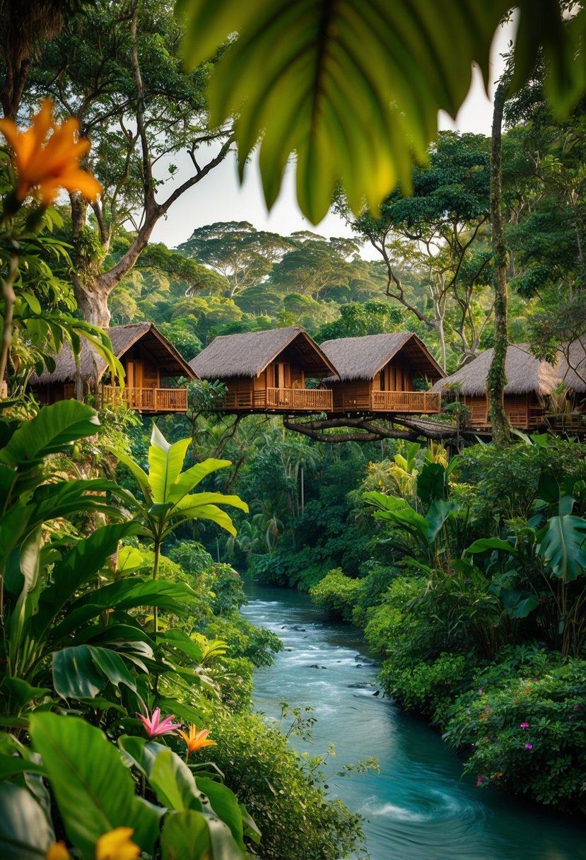 Lush green jungle canopy with vibrant exotic flowers and wildlife, winding river and wooden bungalows nestled in the trees at Inkaterra Reserva Amazonica, Peru