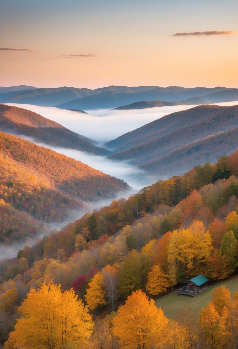 Autumn foliage blankets the rolling hills of Great Smoky Mountains, with misty valleys and rustic cabins nestled among the vibrant colors