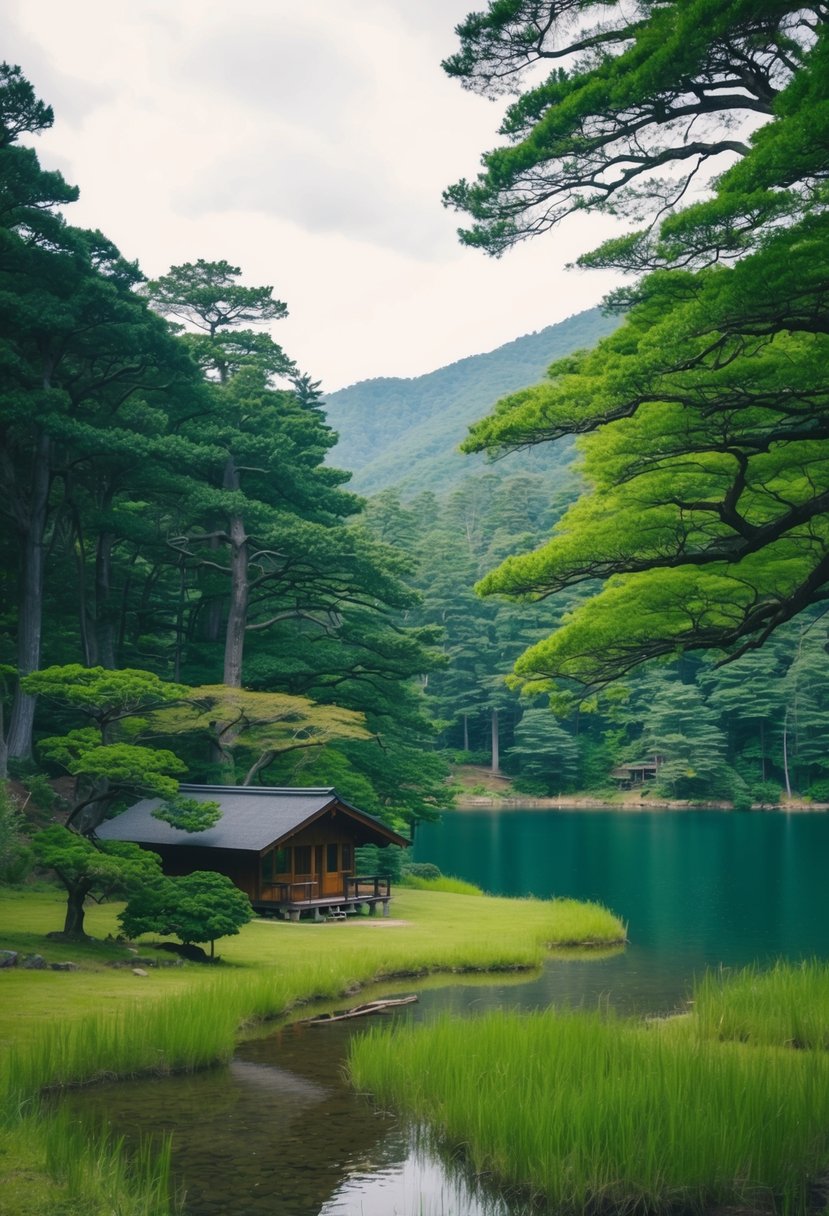 A serene forest clearing at Hoshinoya Fuji, with lush trees, a tranquil lake, and a cozy cabin nestled among the greenery