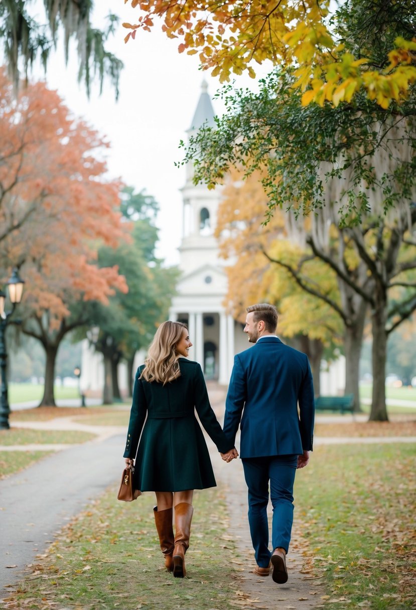 A couple strolls hand in hand through a picturesque Charleston park, surrounded by colorful autumn foliage and historic architecture