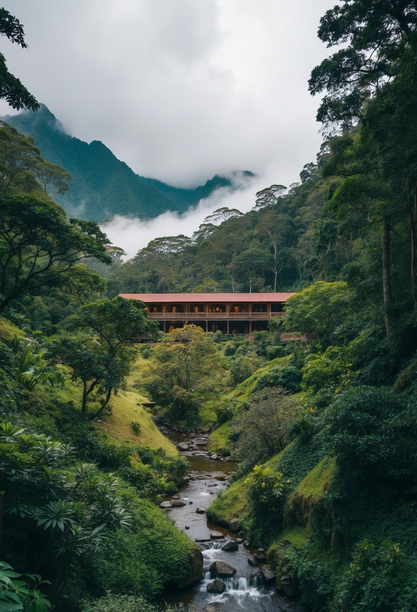 Lush Ecuadorian forest with Mashpi Lodge nestled among trees, misty mountains in the background, and a tranquil stream flowing through the landscape