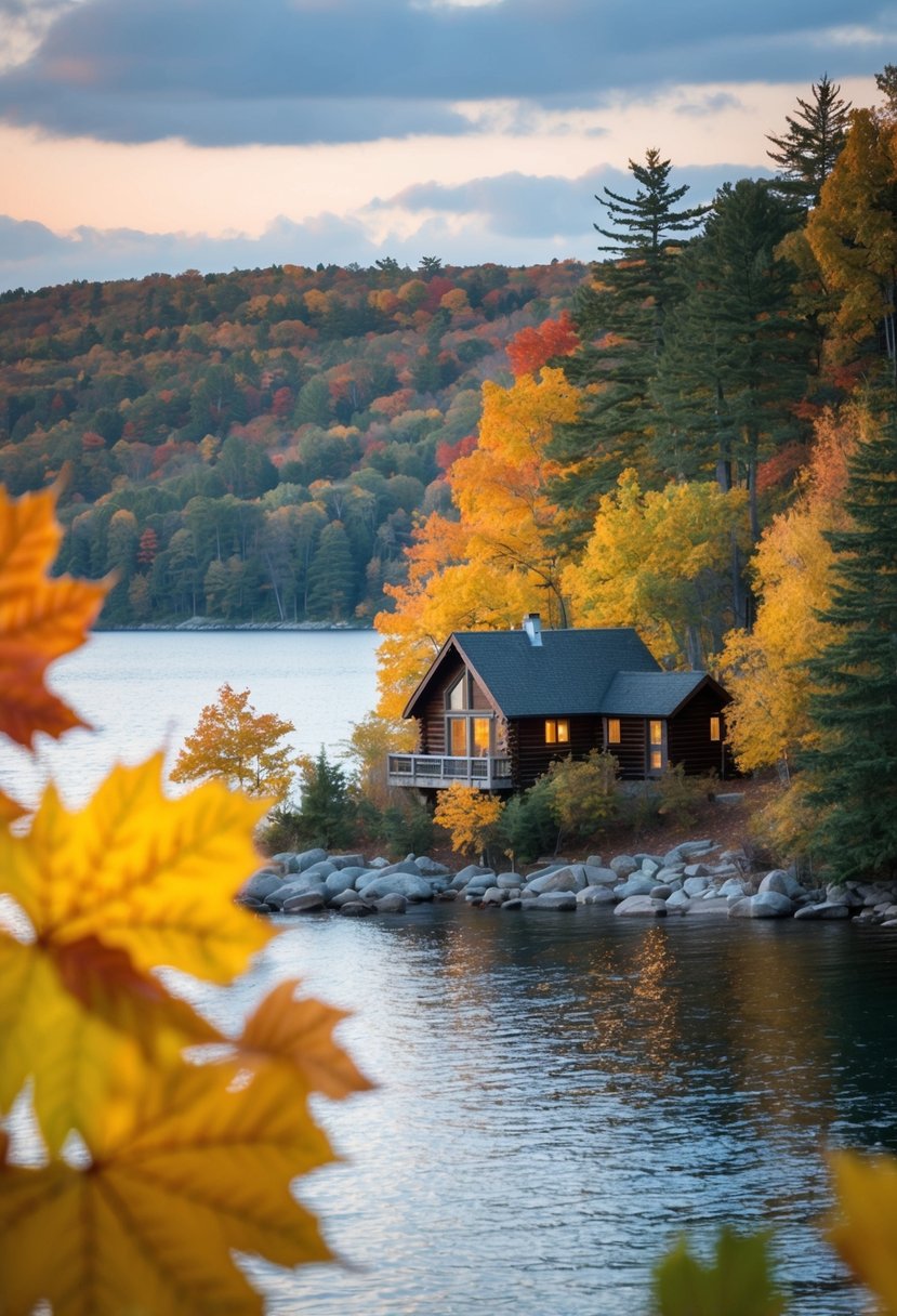 A cozy cabin nestled among vibrant autumn foliage, overlooking the serene waters of Lake Michigan in Door County, Wisconsin