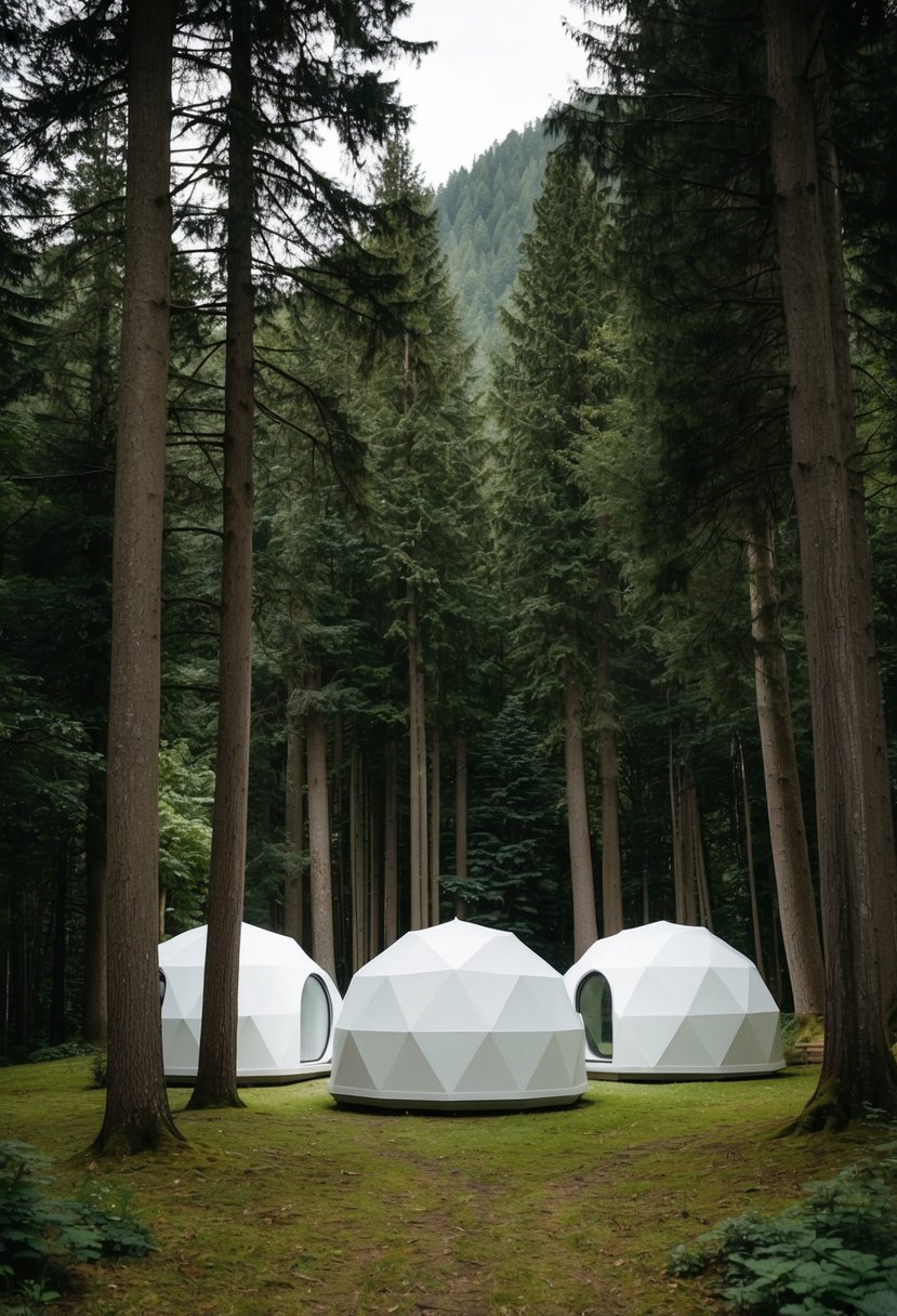 A cozy, secluded forest clearing in Whitepod, Switzerland. A cluster of white, geodesic pods nestled among tall, lush trees with a serene atmosphere