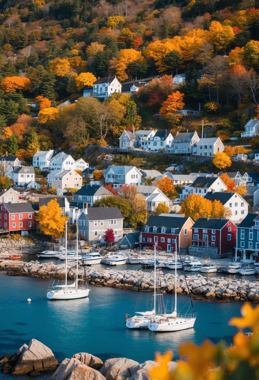 A cozy coastal town in autumn, with colorful foliage, rocky shores, and sailboats in the harbor