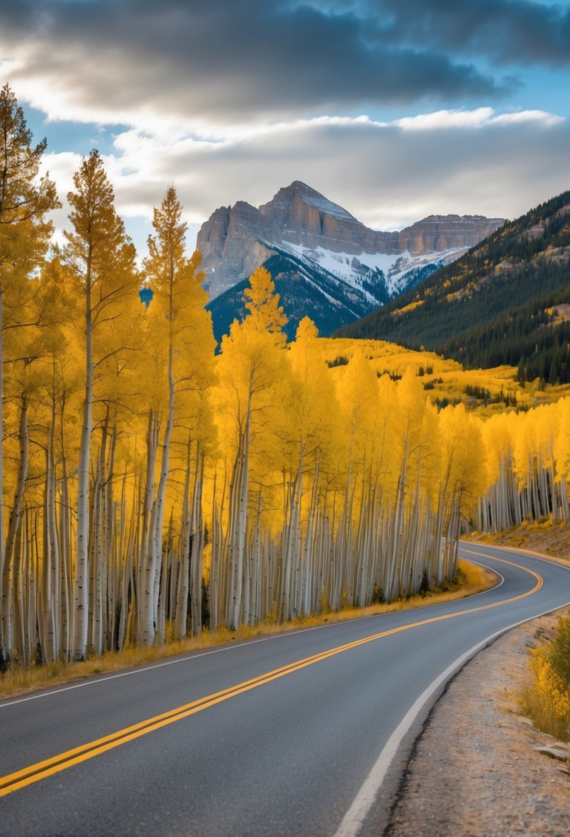 Golden aspen trees line a winding mountain road in Vail, Colorado. The crisp fall air carries the scent of pine and the distant sound of rushing water